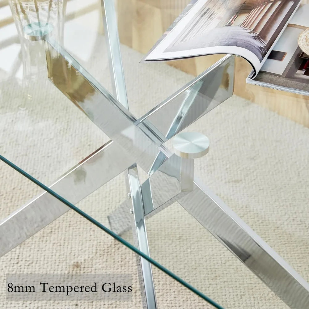 Glass Dining Table for 4 People, 51.2 Inches Rectangular Glass Kitchen Table with Steel Legs, Modern Dining Room Table fo