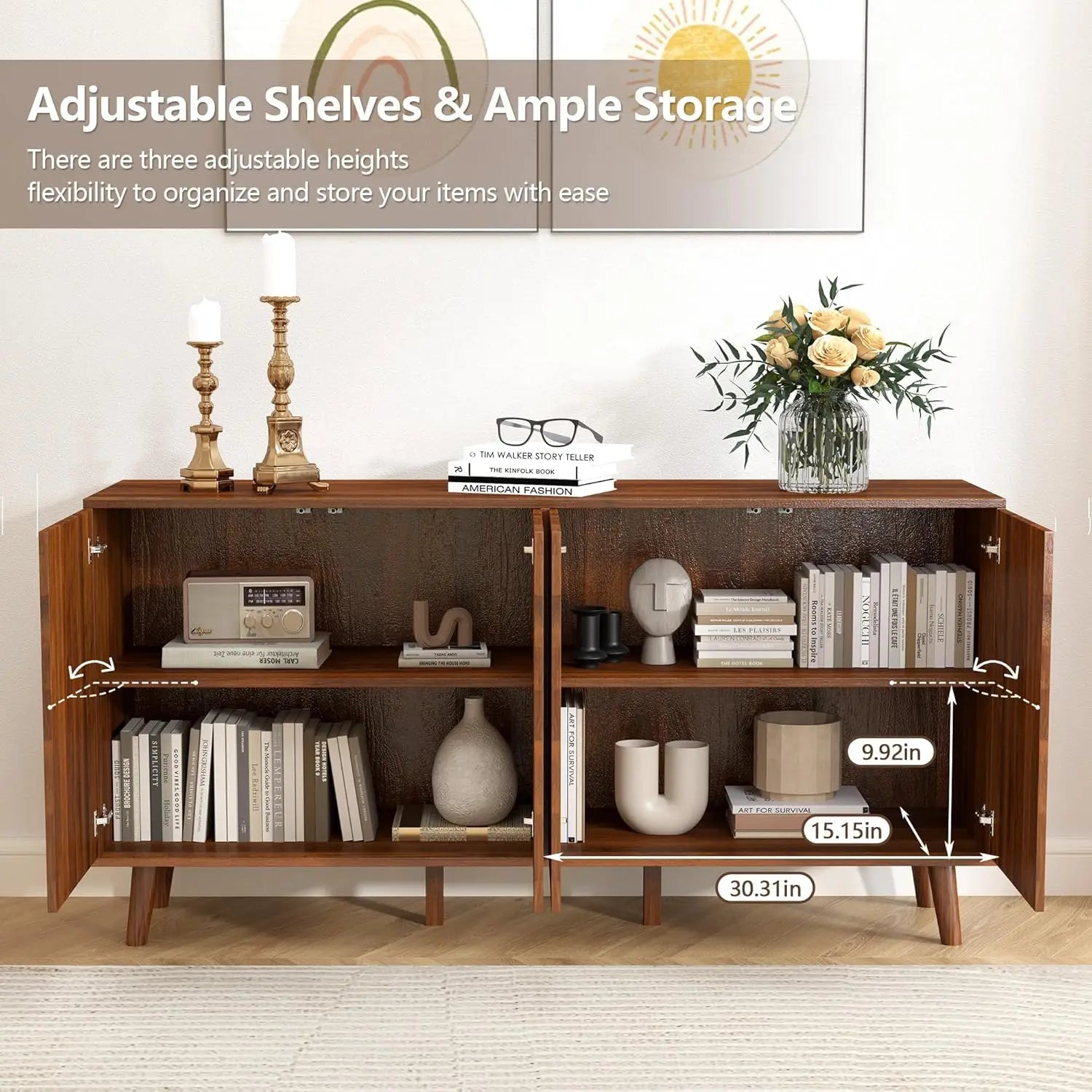 59' Modern Buffet Cabinet with Storage, Wooden Sideboard with 4 Doors, Walnut Finish for Living Room, Kitchen, Office