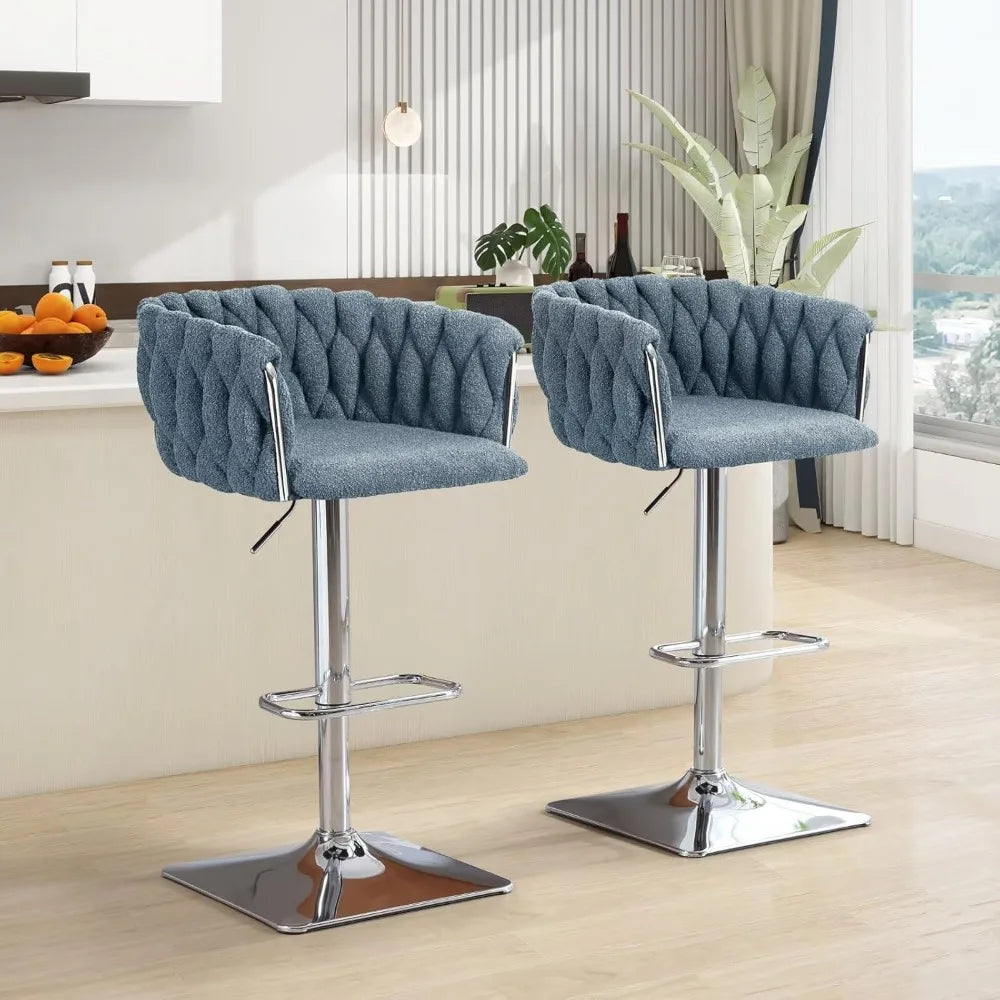 Swivel Counter-Height Bar Stools with Woven Backrest – Bouclé Upholstered (Set of 2)
