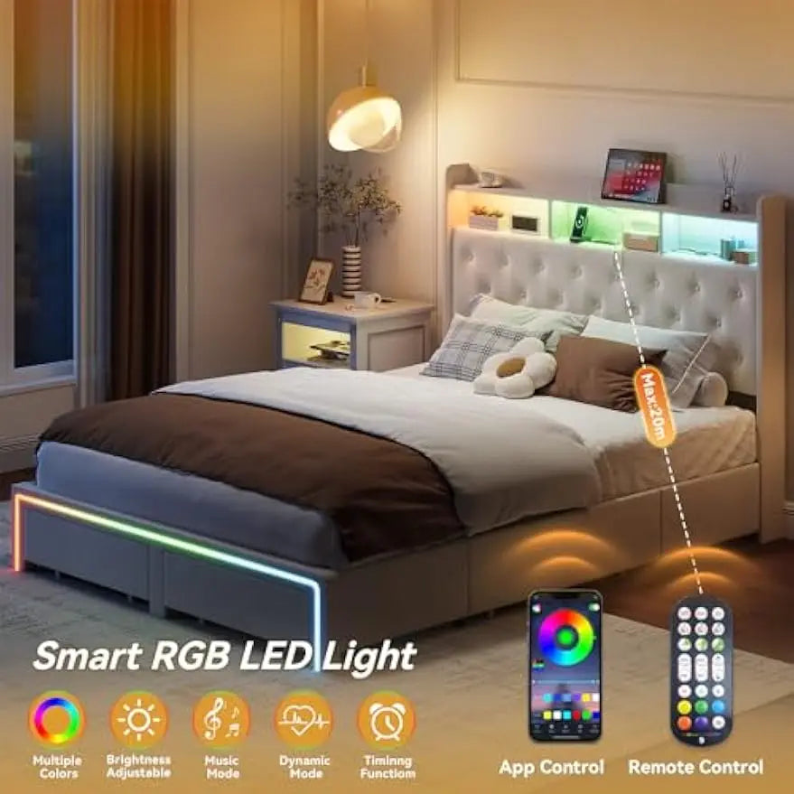 Full Size LED Bed Frame with Storage Headboard & Charging Station – Velvet Platform Bed with 4 Drawers (Beige)