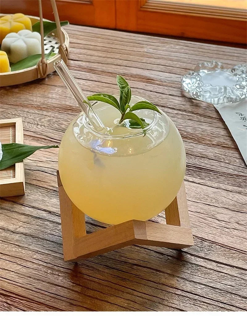 Creative Ronud Ball Glass Cup with Wood Stand Straw Wine Cocktail Glass Cup Clear Moon Ball Cold Drinking Juice Cups