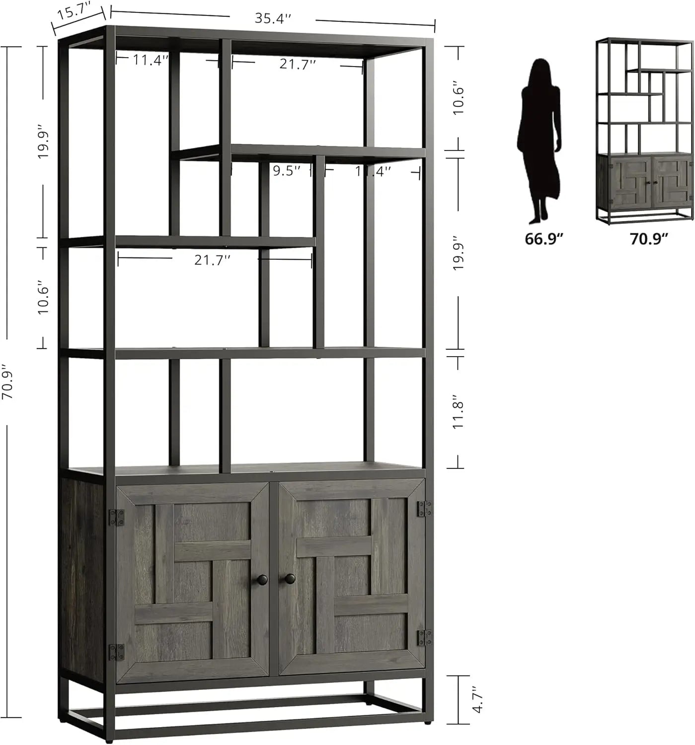 6-Tier Geometric Bookshelf with Doors – 35.4″ Wide Storage Bookcase