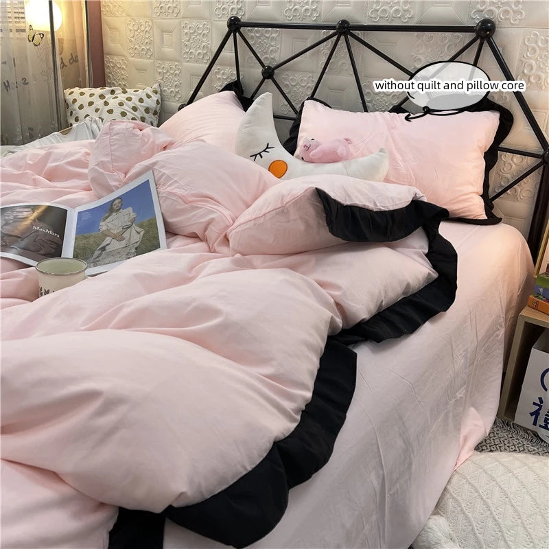 3pcs Pink Duvet Cover Set (1*Duvet Cover + 2*Pillowcase, Without Core), Lace embroidery Bedding Set