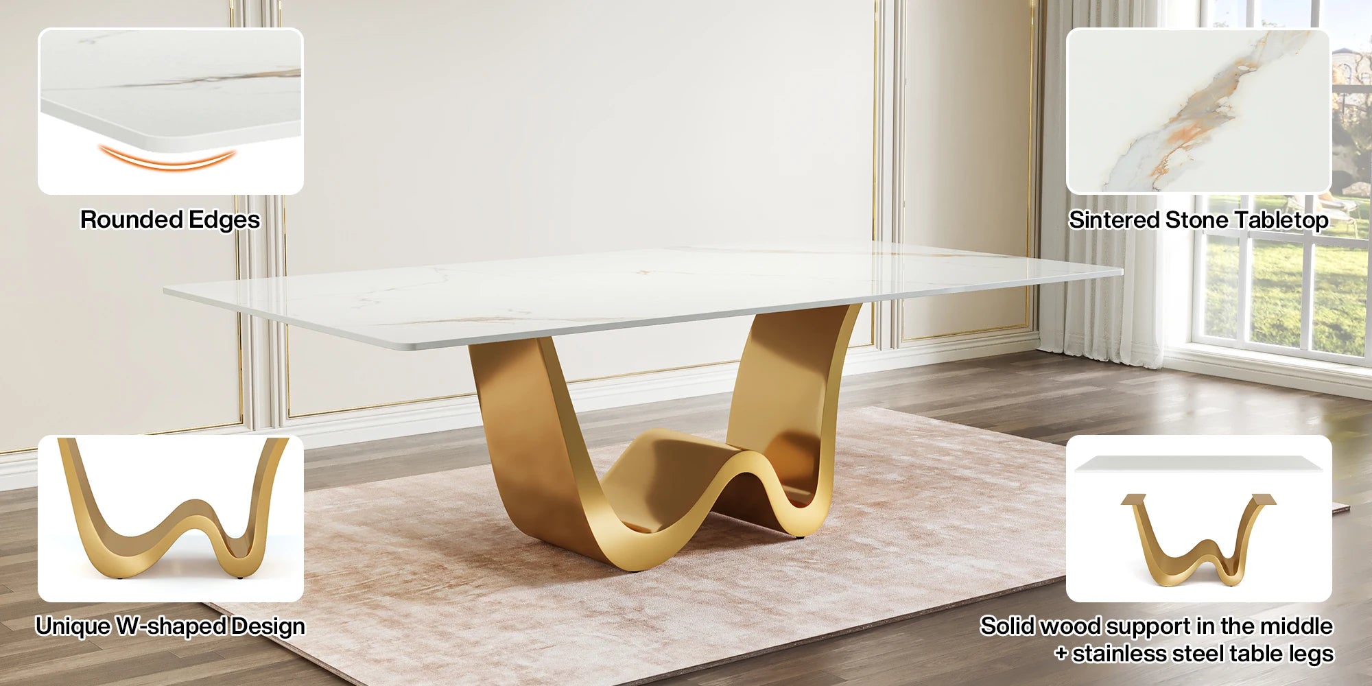Tribesigns 78.74" Sintered Stone Dining Table for 6-8, Modern Rectangle Dining Table, Luxury White & Gold Kitchen Table