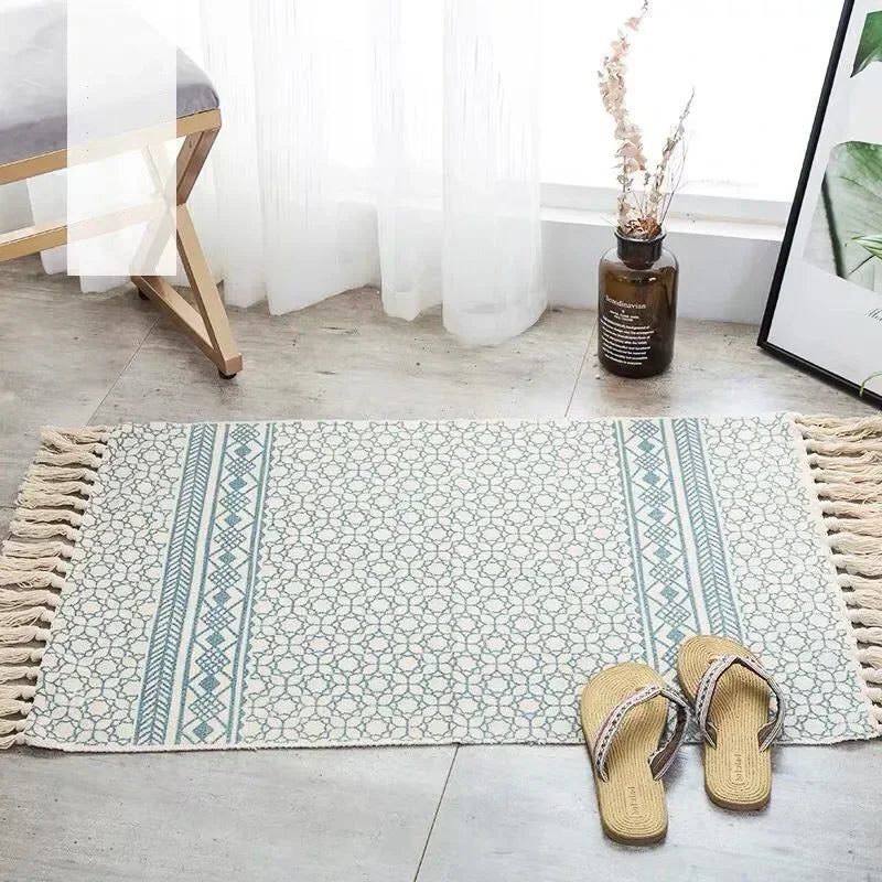 60*90CM Living Rooms Bedrooms Home Decor Retro Bohemian Hand Woven Cotton Linen Carpets Tassel Bedside Rug Geometric Floor Mat