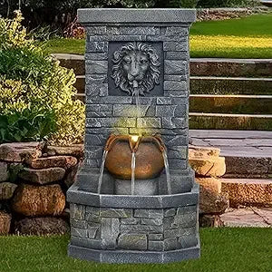 Outdoor Garden Floor-Standing Water Fountain Lion Head Stone with Lights Outdoor Waterfall for Patio, Backyard, Deck, Po