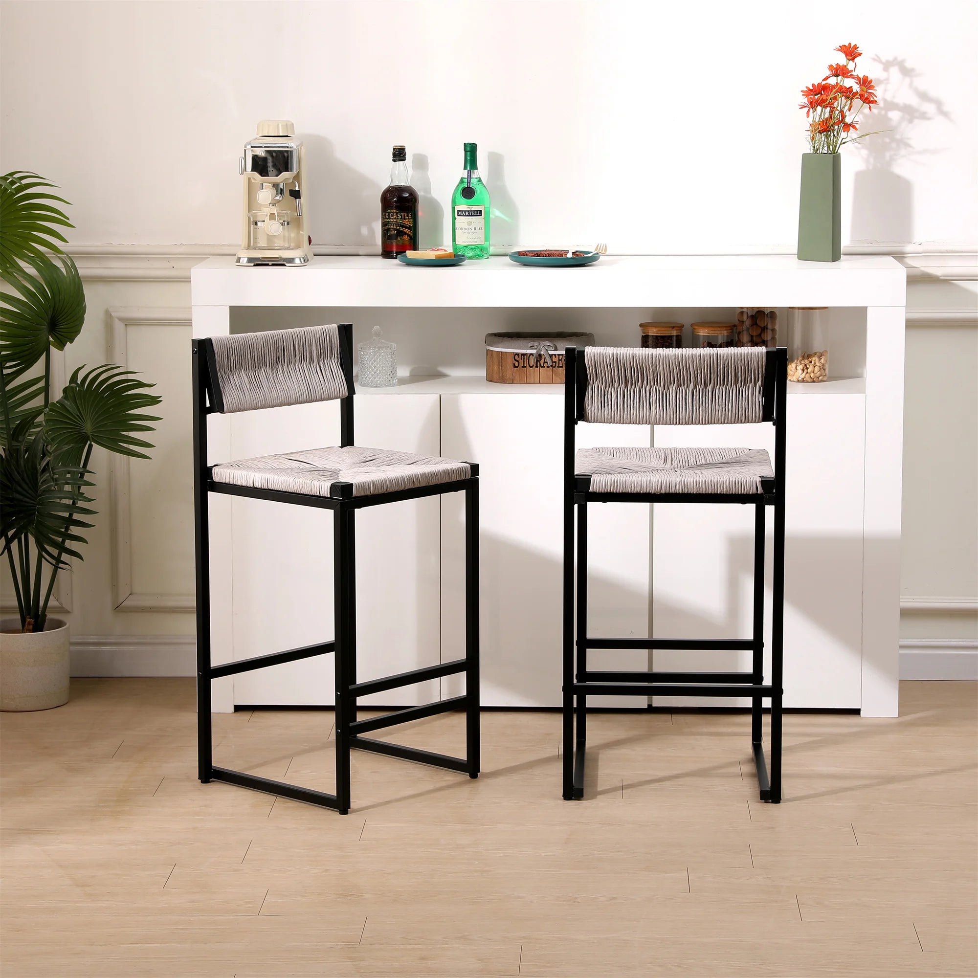 2pcs High Bar Stools Chairs Paper Rope Woven Barstools 220lbs Max Weighing Capacity for Kitchen Dining Room Coffee Shop