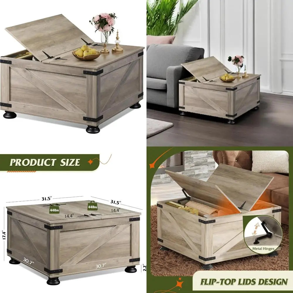 31.5” Farmhouse Square Coffee Table – Wood Center Table with Flip-Top Lids & Hidden Storage
