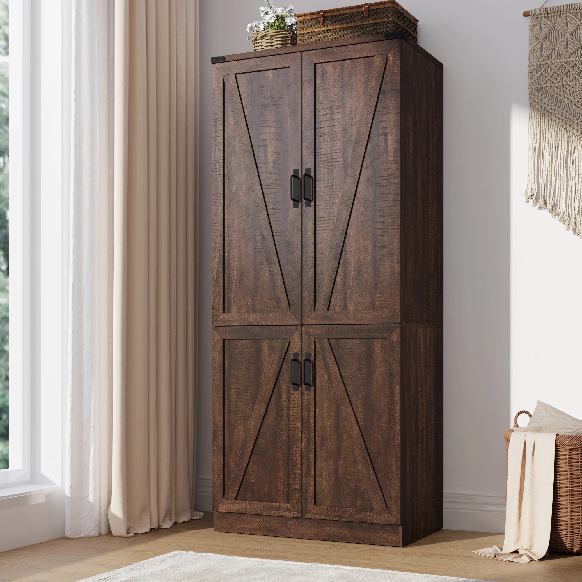 75" Tall Farmhouse 2 Doors Armoire Wardrobe Closet with LED, Freestanding Closet Wardrobe Cabinet for Bedroom