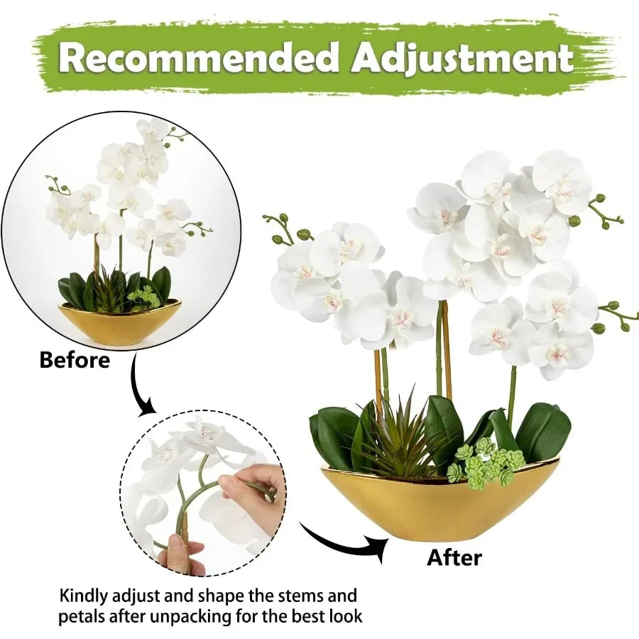 17inch White Fake Orchid Silk Flowers with Gold Ceramic Pot Faux Orchid Arrangement for Home Office Room Coffee Table Centerpie