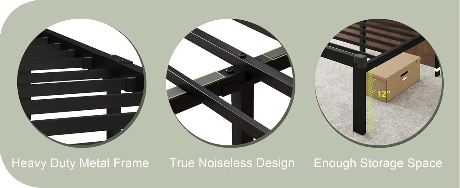 Queen Metal Bed Frame with Fabric Button-Tufted Headboard – 12″ Underbed Storage