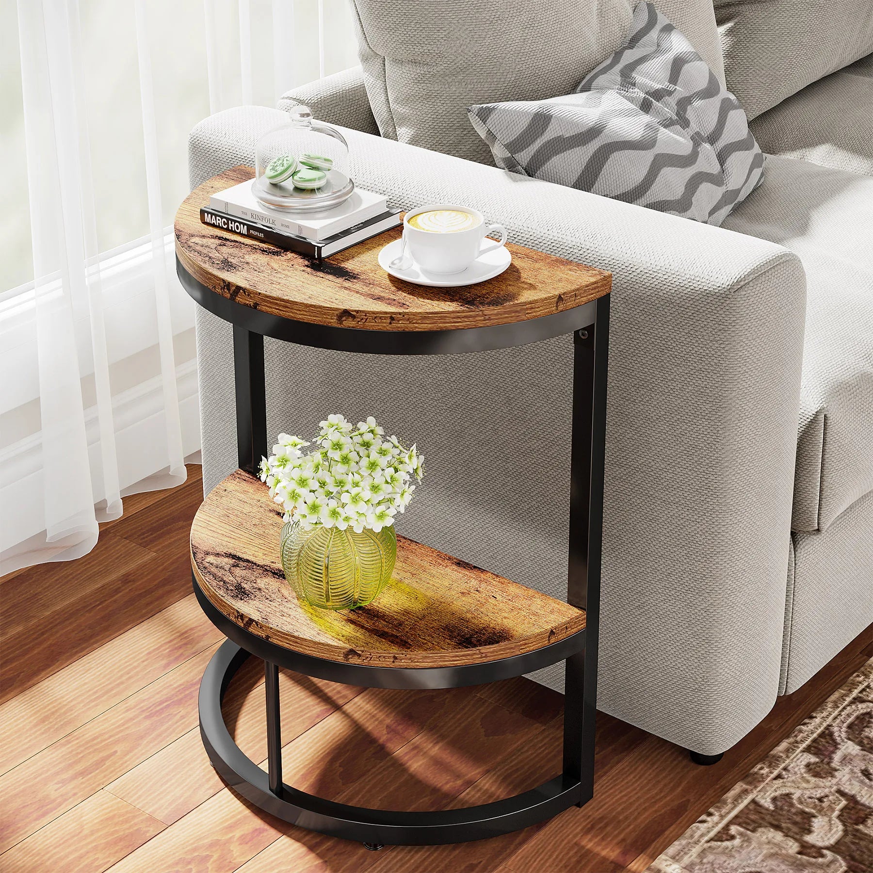 Tribesigns End Table Semi Circle, Small Half Round Side Table with Storage Shelf, Accent Table Slim C Table for Sofa Couch