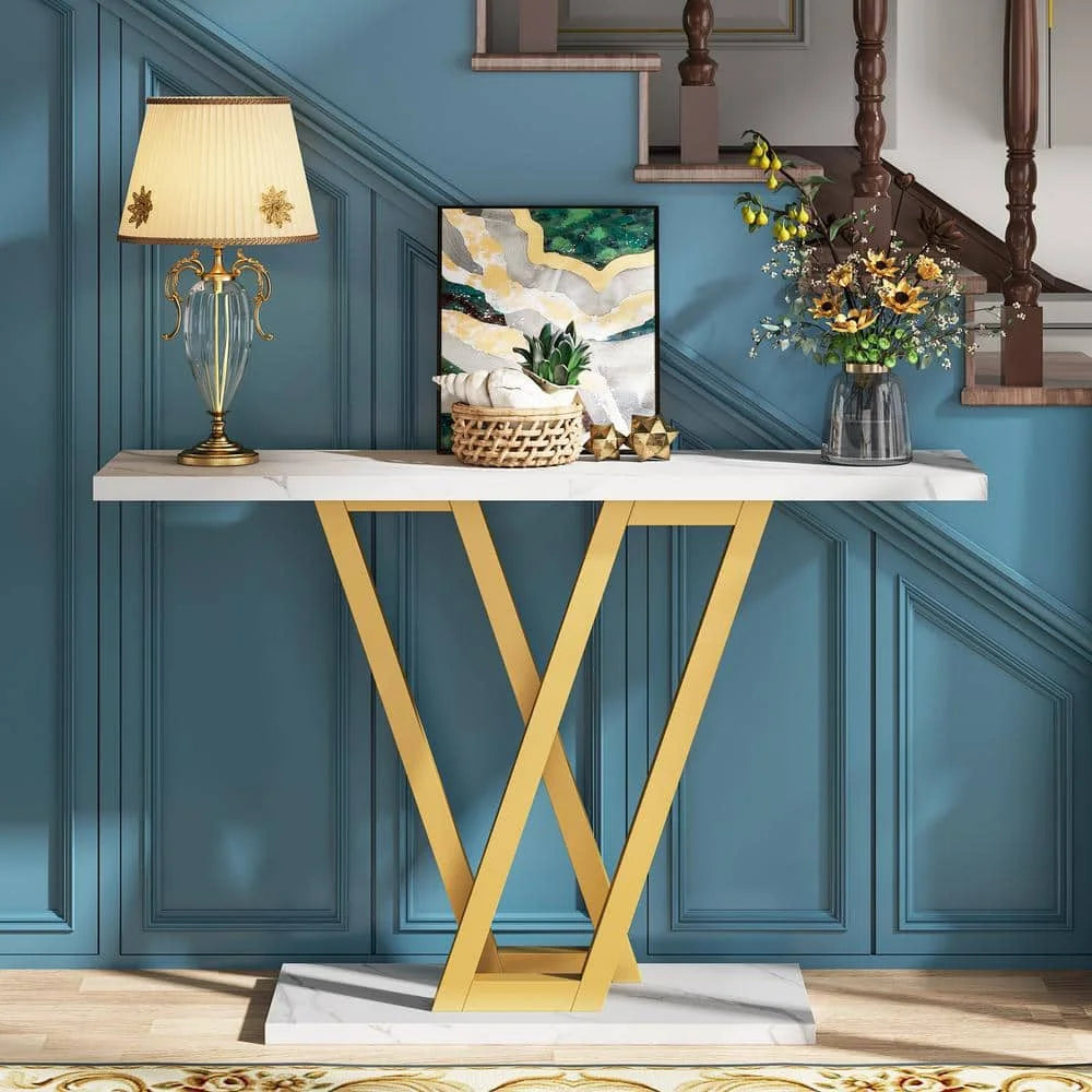 43 in. Faux Marble White 32in. Height MDF Gold Console Table, Modern Hallway Table for Entryway, Sofa Table