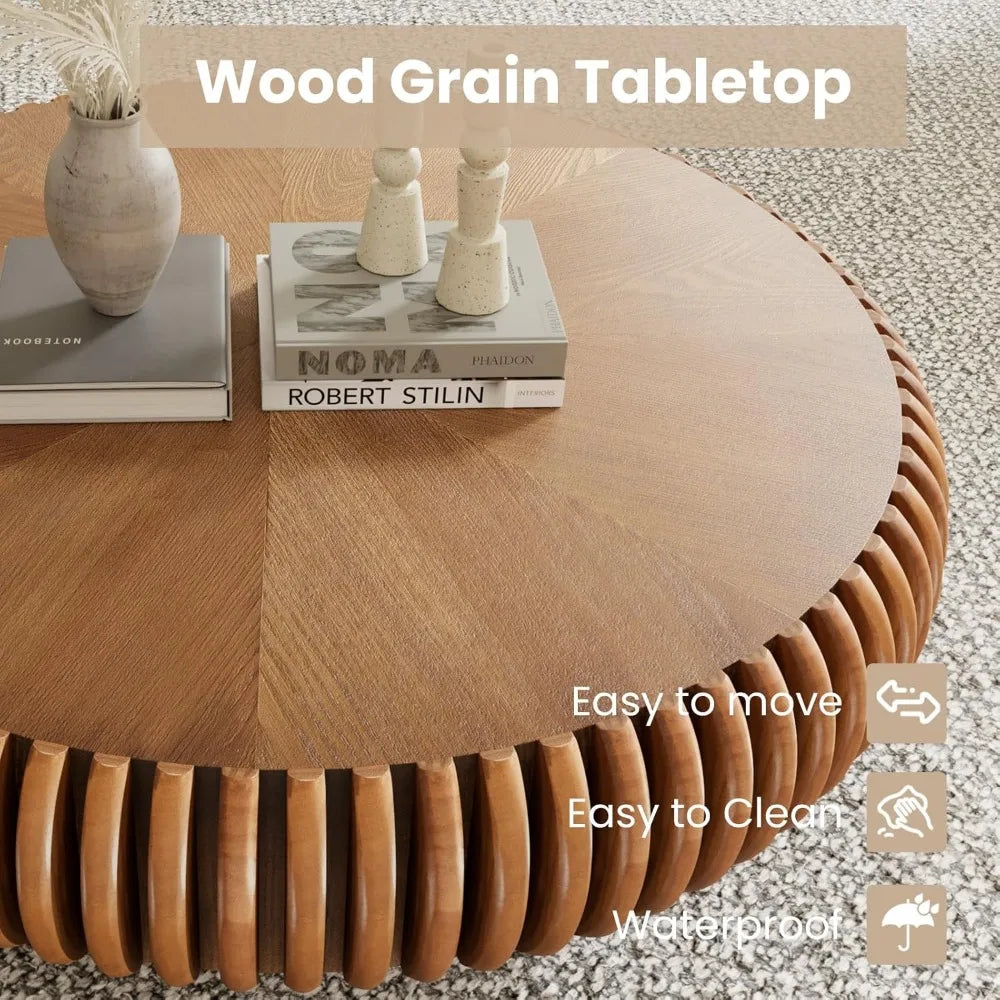 Fluted Drum Coffee Table – Round Mid-Century Modern Pedestal Center Table