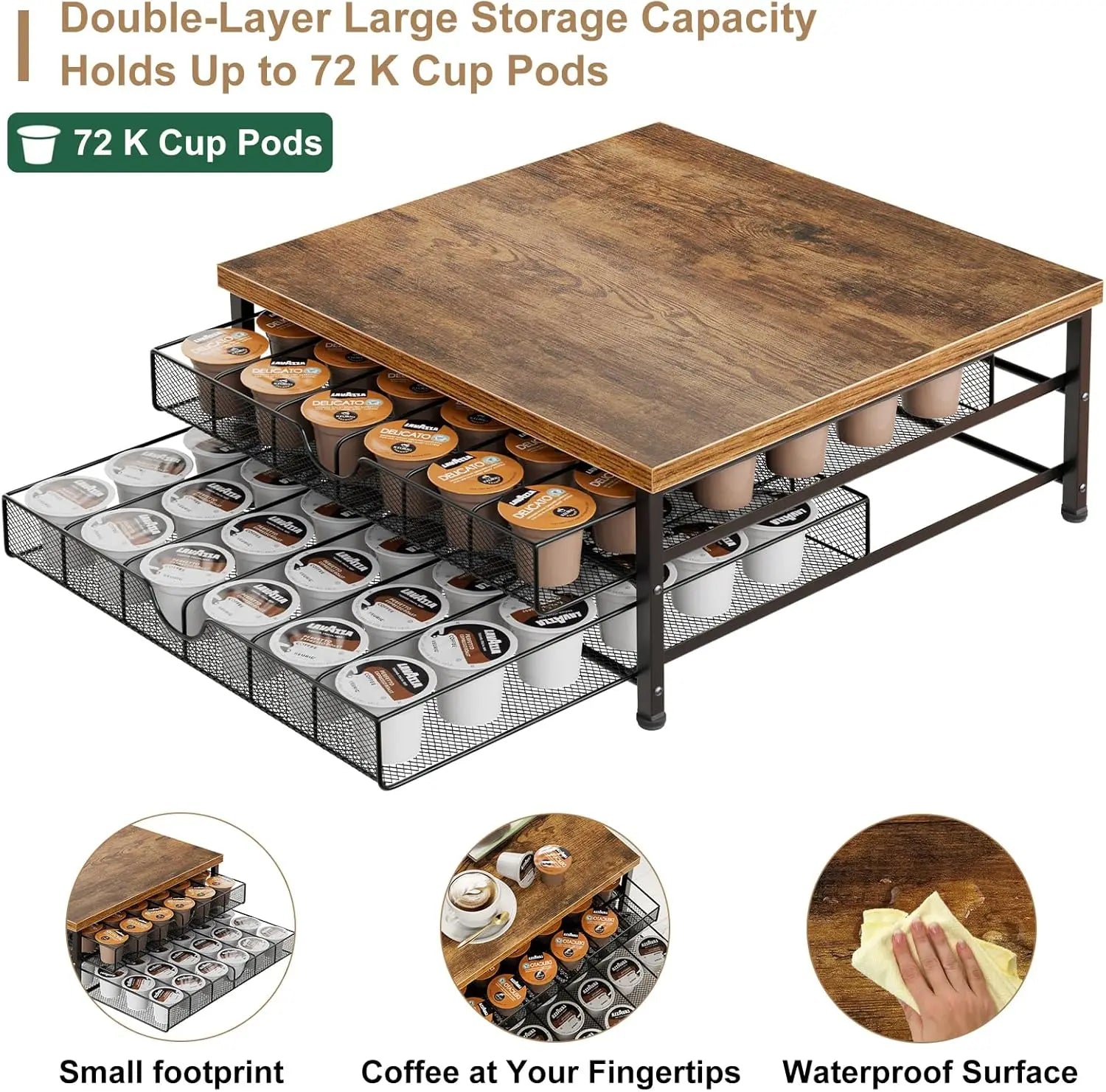 72-Capacity Coffee Pod Holder, 2-Tier Sliding Drawer Organizer for K-Cup, Black