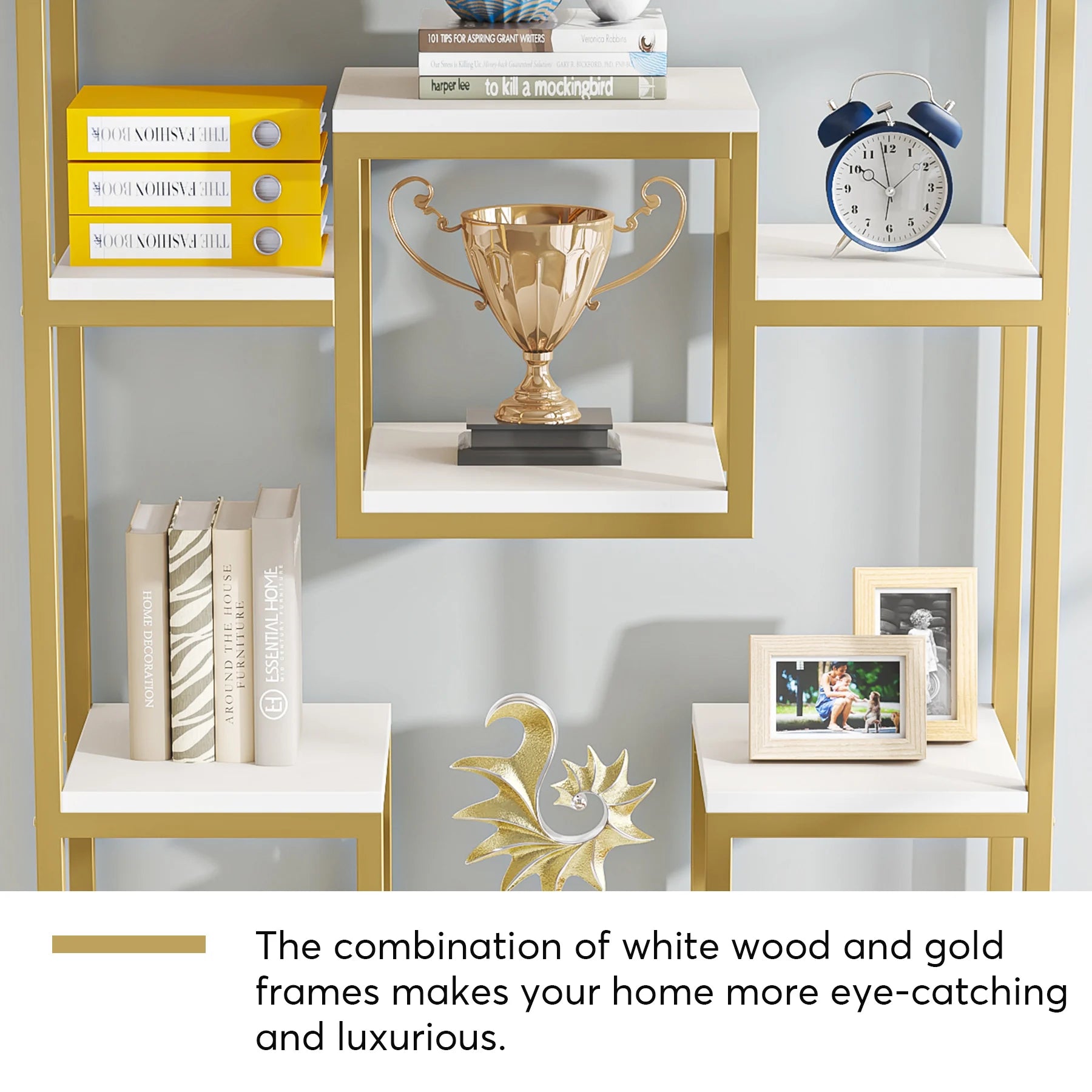 Tribesigns Gold 8-Open Shelf Étagère Bookcase with Faux Marble – Modern Display Bookshelf