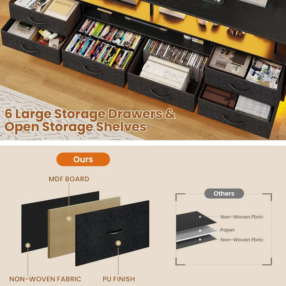 Entertainment Center for 65-70 Inch TVs with LED Lights, Power Outlets, Open Shelves & 6 Fabric Drawers