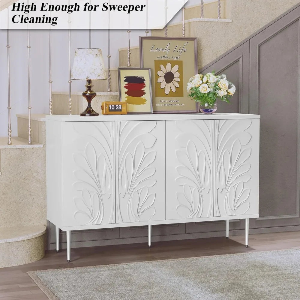 Sideboard Buffet Cabinet with 3D Flower Pattern, Accent Cabinet with 4 Doors & Adjustable Shelves, Wood Decorative Credenza with