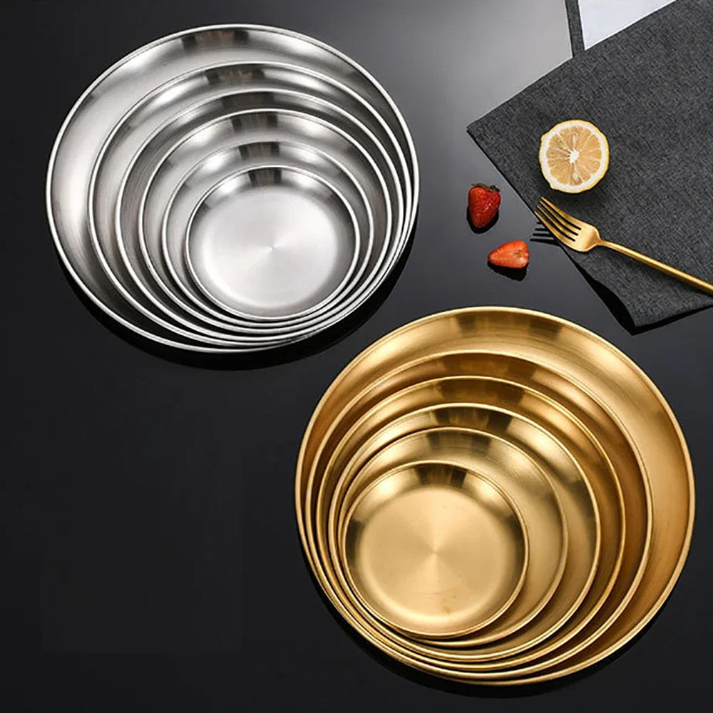 Gold Stainless Steel Round Plate – Rust-Proof Shallow Tray for Dining & Outdoor Use