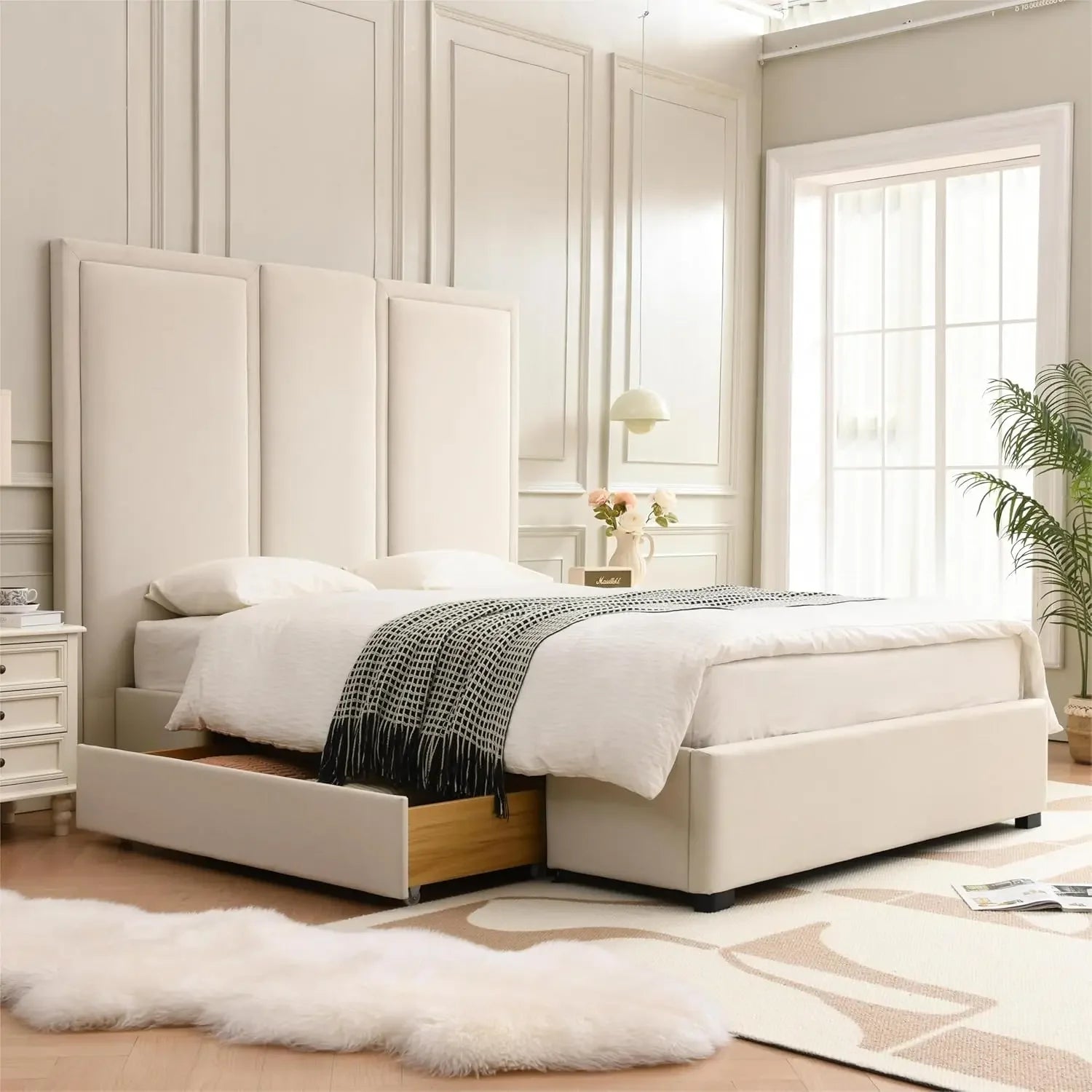 Queen Size Bed Frame Linen Upholstered Platform Bed with 64-inch High Headboard And Underbed Storage Drawers Simple Airey Design