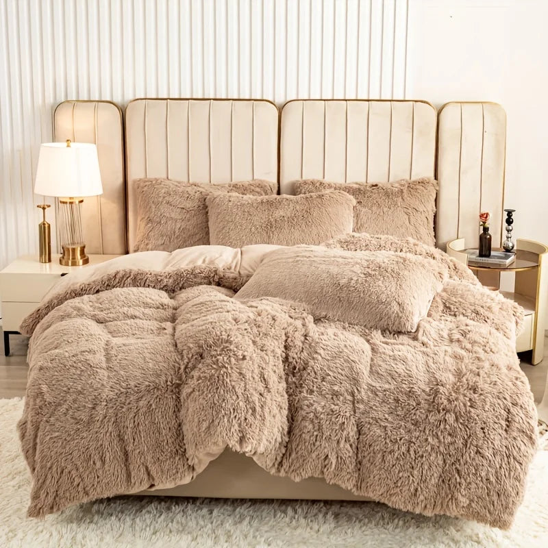 3-Piece Faux Fur Velvet Duvet Cover Set - Soft, Warm, Plush Bedding with Solid Color Design, 1 Duvet Cover and 1/2 Pillowcase, W