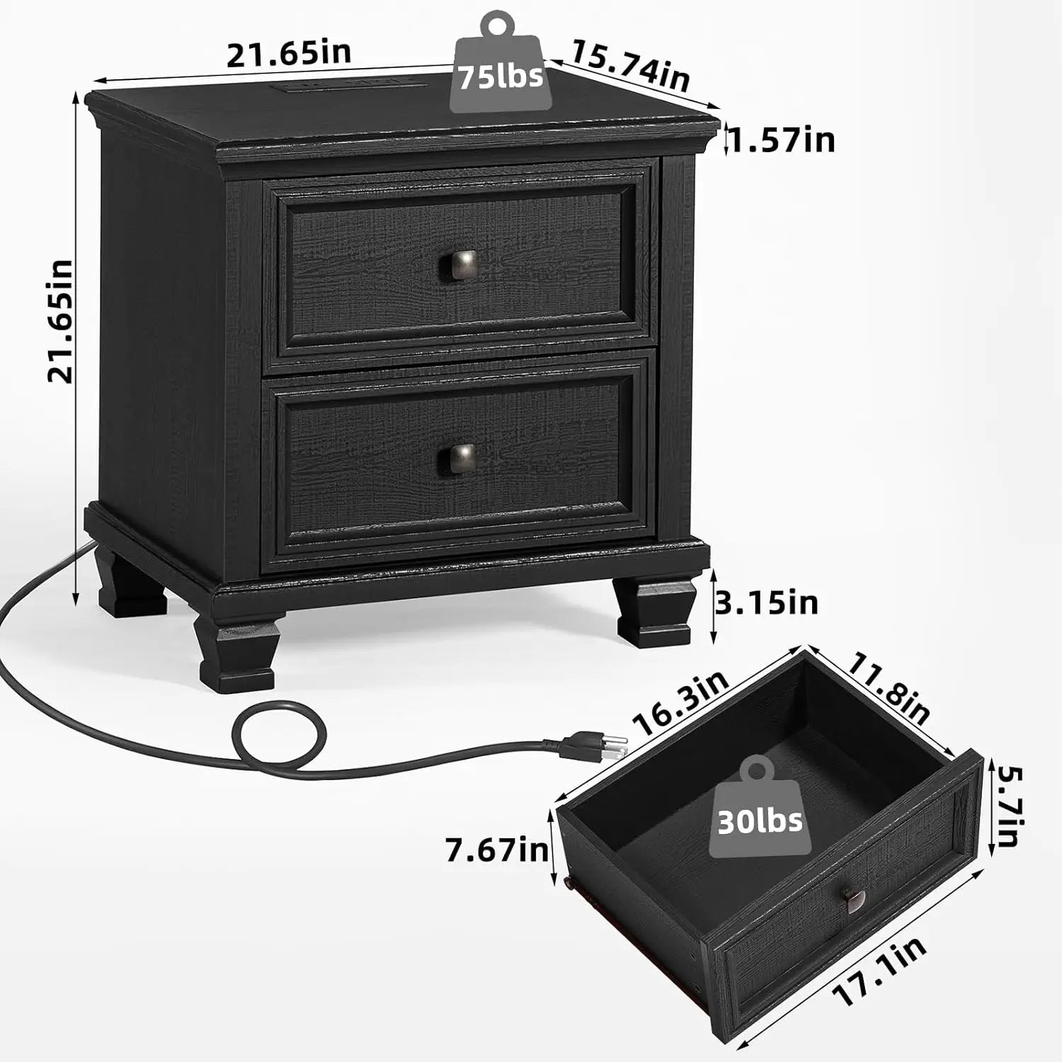 Nightstand with Charging Station, Rustic Low Night Stand with 2 Drawers, Mid-Century Modern End Table with 4 Square