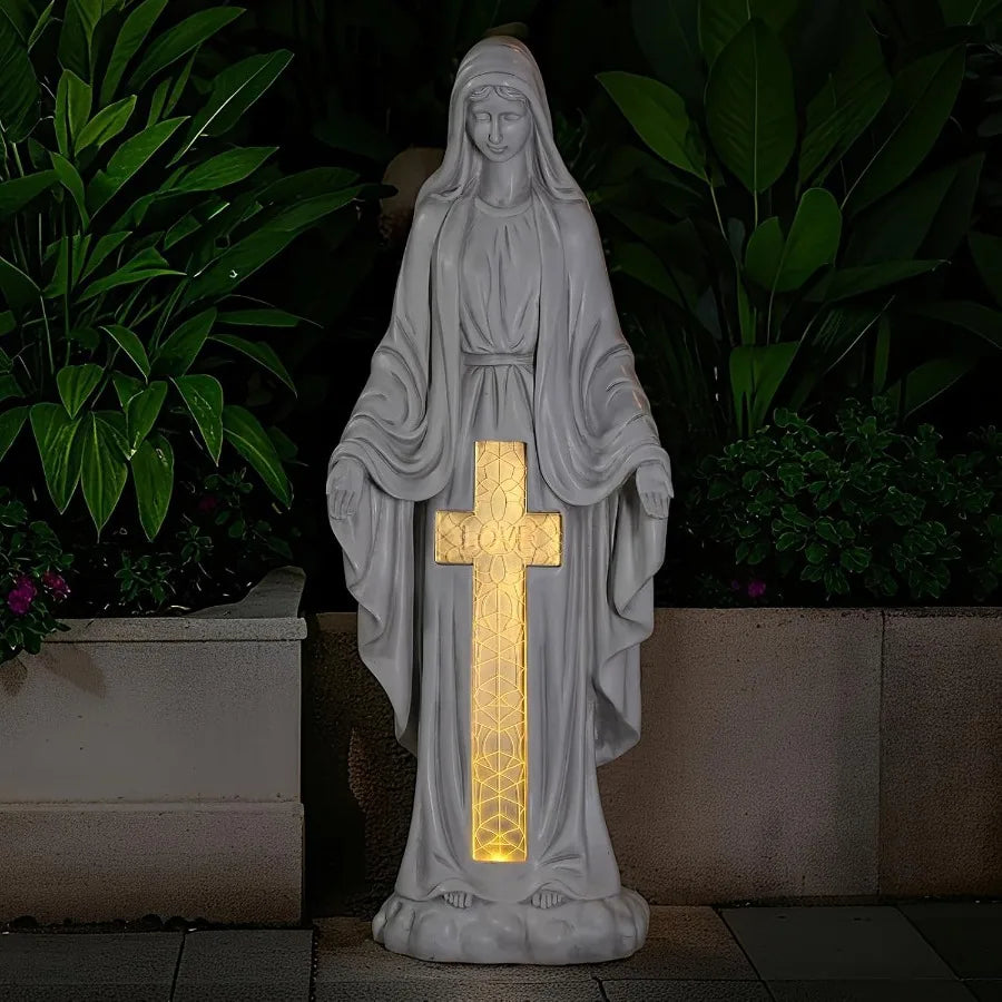 Solar Virgin Mary Praying Statue 27.9 Inch- Outdoor Religious Garden Decor with LED Lights Weather-Resistant Magnesium Oxide Sc