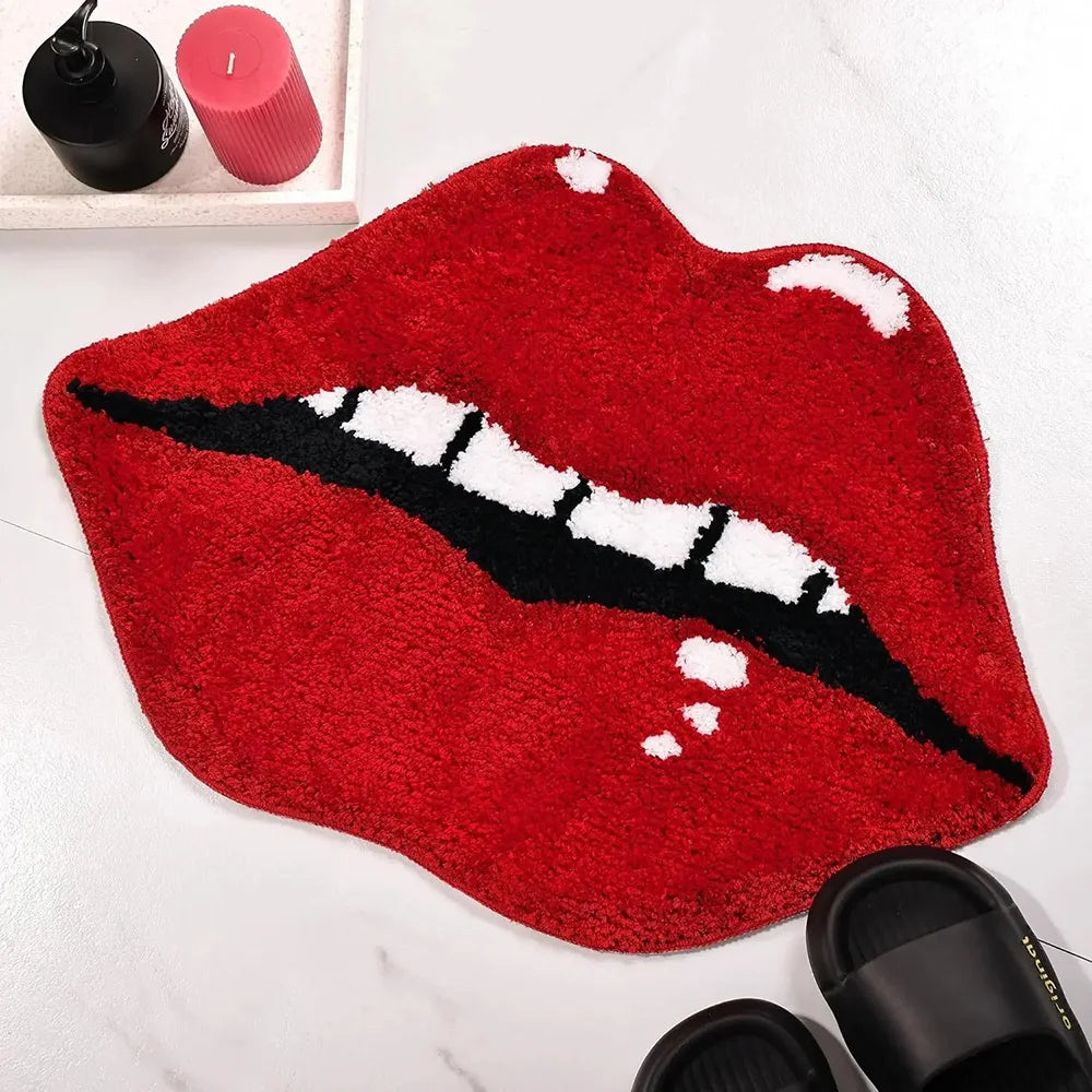 Red Lips Print Faux Wool Rug - Non-Slip Entryway Doormat, Bathroom & Windowsill Carpet, Durable Washable Home Decor