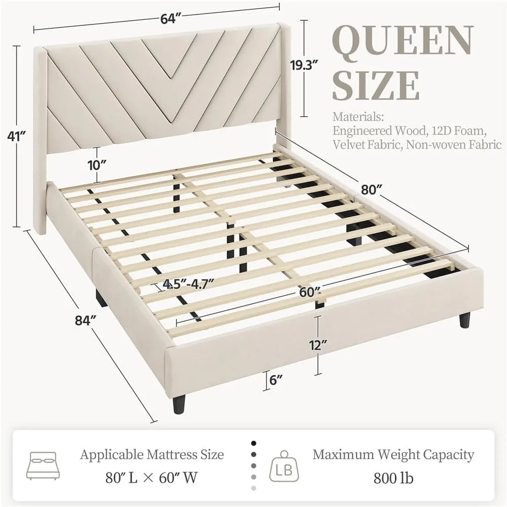 Upholstered Queen Bed Frame – Tufted Headboard with Wooden Slat Support (Beige Velvet)