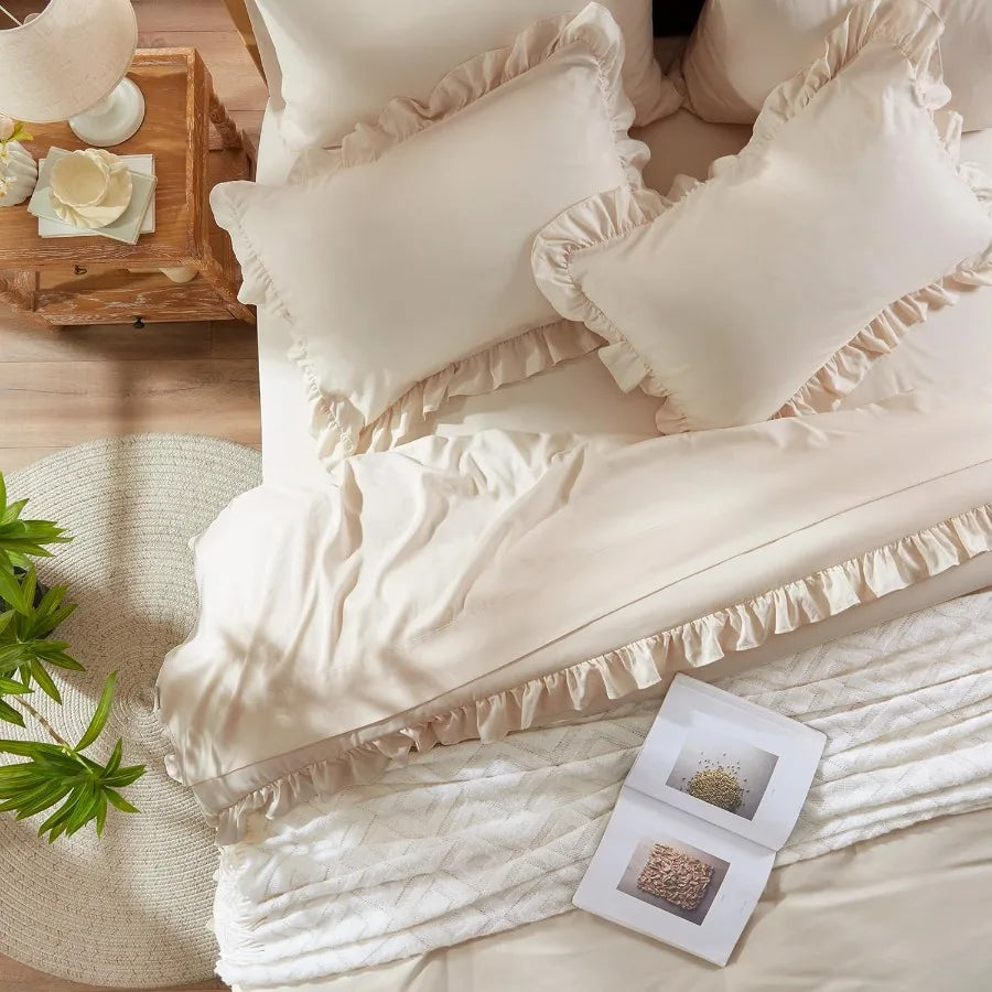 Queen Comforter Set 7 Piece Beige Bed in a Bag with Sheets All Season Ruffle Shabby Chic Bedding Sets with 1 Comforter 2 Pillow