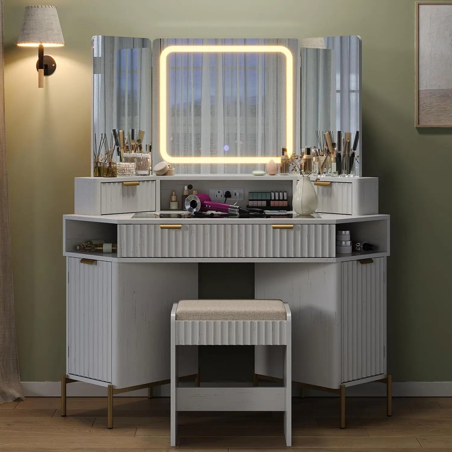 48'' Modern Vanity Desk with HD Triple Mirror & Lights,Large Corner Vanity Table with Glass Top, Charging Station,1Multifunction