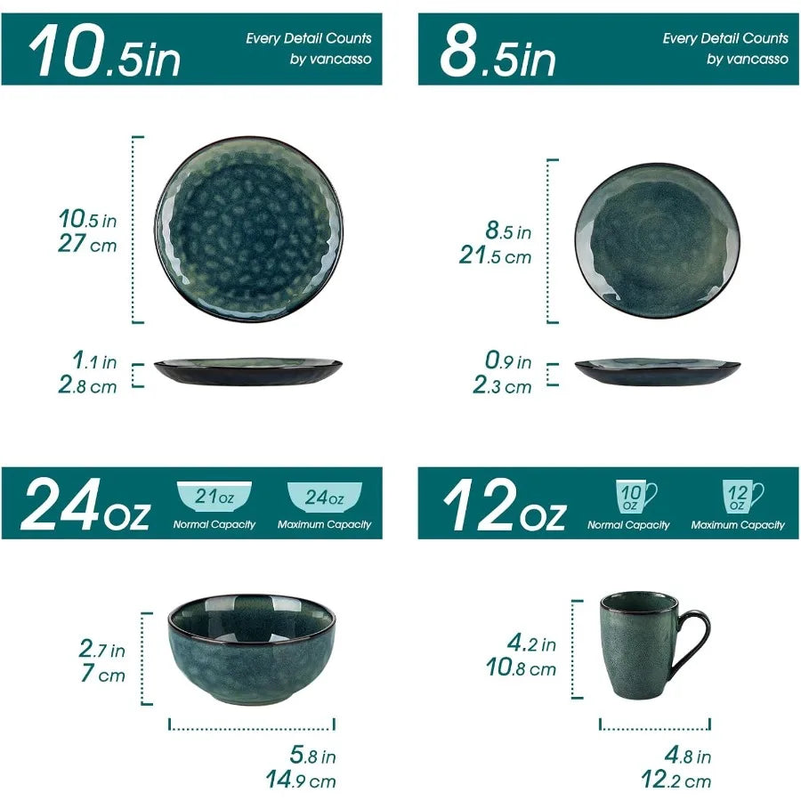 Starry 16 Pieces Green Dinnerware Set Reactive Glaze Dinner Sets Plates and Bowls Set for 4 16 Pcs Ceramic Dish Set Stoneware
