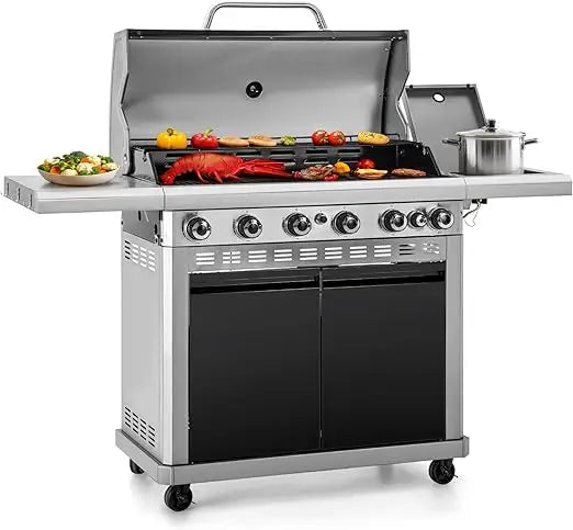 6-Burner Propane Gas BBQ Grill with Side Burner & Porcelain-Enameled Cast Iron Grate and Plate for Outdoor Barbucue Events, 52,