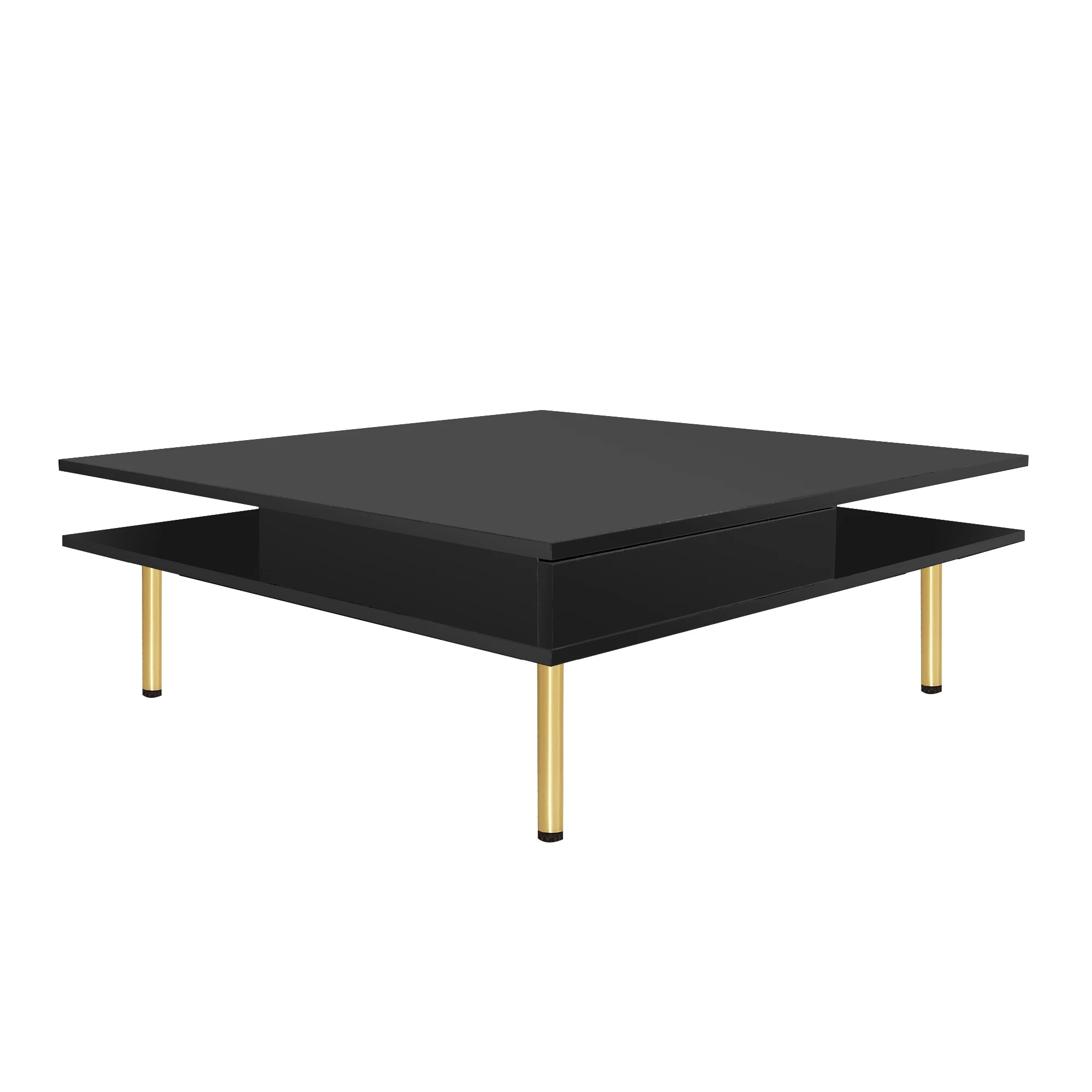 Exquisite High-Gloss Coffee Table – Square 2-Tier Center Table with Gold Legs & Dual Drawers (Black)