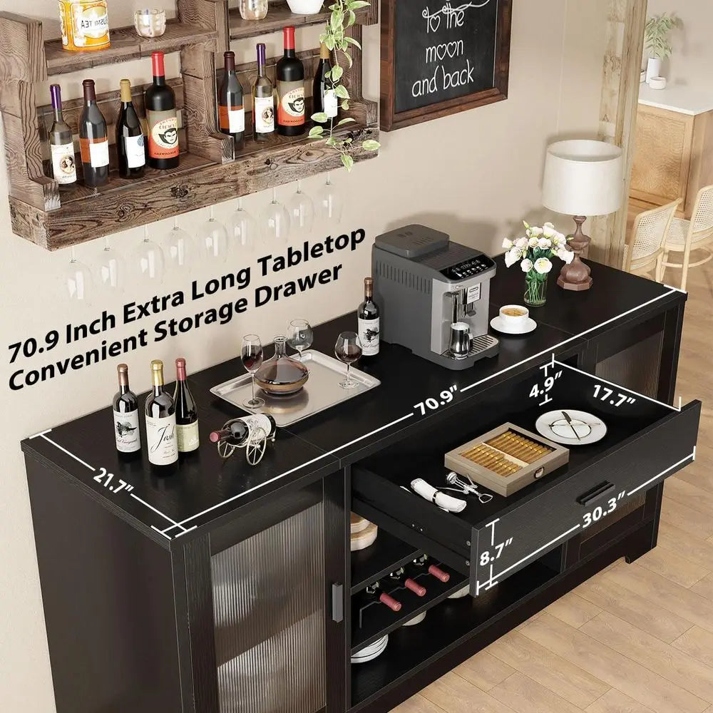 Long Bar Cabinet with Fridge Space – Modern Wood Coffee, Wine & Liquor Sideboard