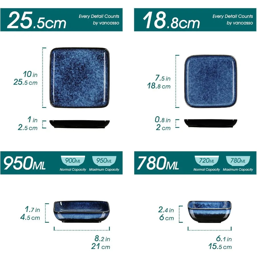Stern Blue Square Dinnerware Set – 16 Piece Stoneware Tableware Collection