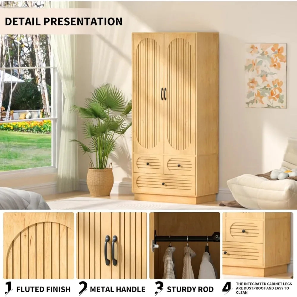 Fluted Wardrobe Closet with Doors Cabinet with Drawers Clothing Storage with Hanging Rod And Shelves for Bedroom Organization