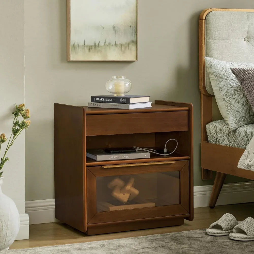 Mid-Century Modern Nightstand with Integrated Charger Station and Outlet Access, Glass-Front Drawers Wood Side Table for Bedroom