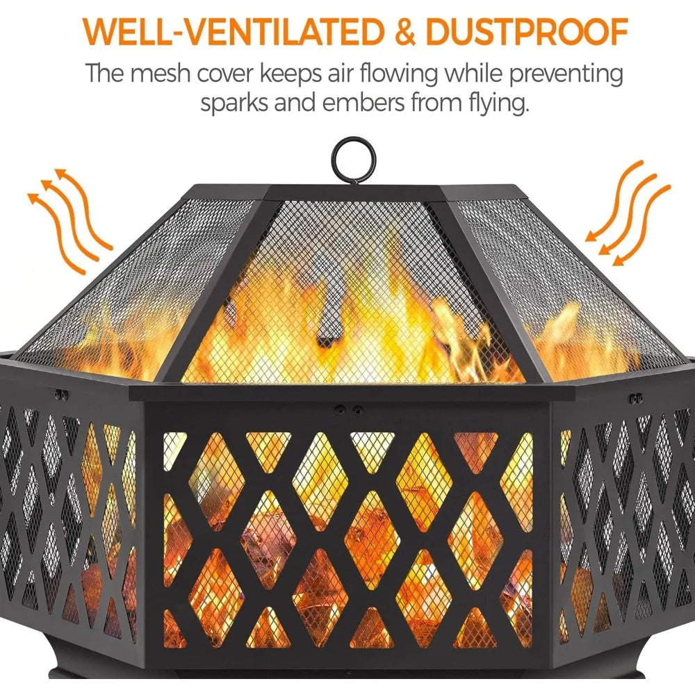 28in Hex Shaped Fire Bowl - Large Wood Burning Outdoor Fire Pit with Spark Screen & Poker for Bonfire, Picnic, BBQ