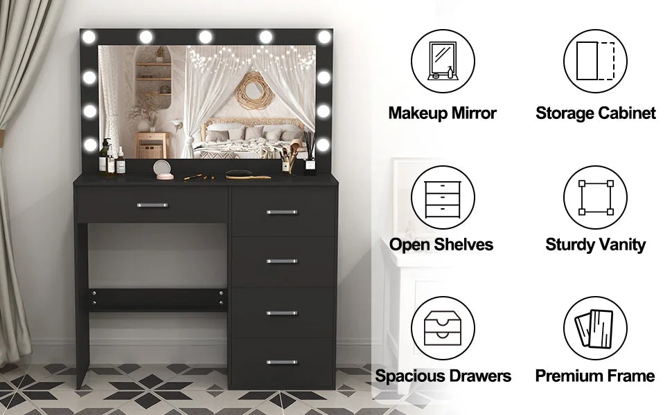 Black Vanity Dressing Table with Large Mirror 11 LED Lights Storage Drawers Bedroom Beauty Station for Women Girls Makeup Desk