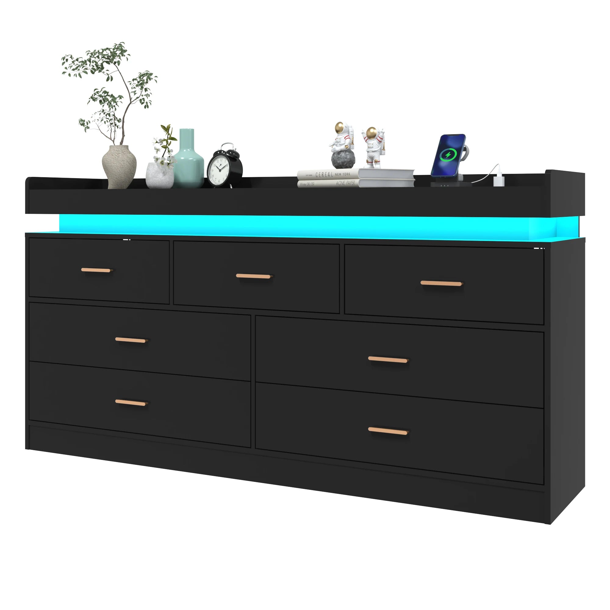 7 Drawer Dresser with LED Light and Charging Station, Modern Chest of Drawers for Closet, Wide Drawer Organizer Cabinet for Bedr