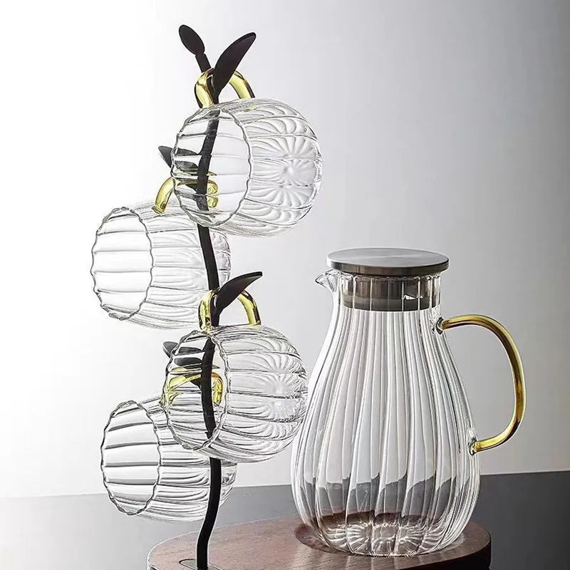 Vertical Stripes Water Bottle and Glass Cup Cold Kettle Glass Cup Boil Water Jug Coffee Glasses Juice Pitcher Tea Pot