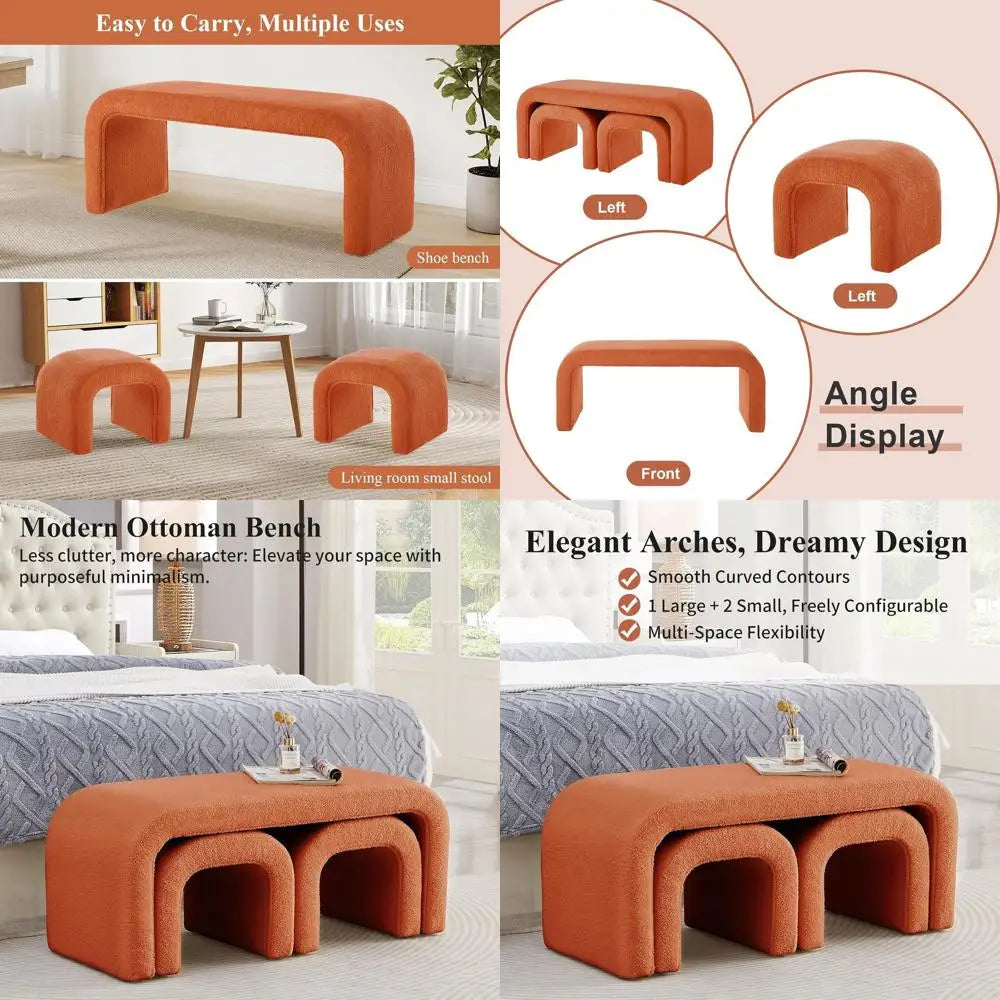 Modern Orange Ottoman Set – 3-Piece Bed Bench with Matching Footstools