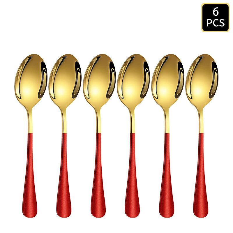 4/6/16/24pcs Gold red stainless steel cutlery 1010 round handle knife, fork and spoon household cutlery set