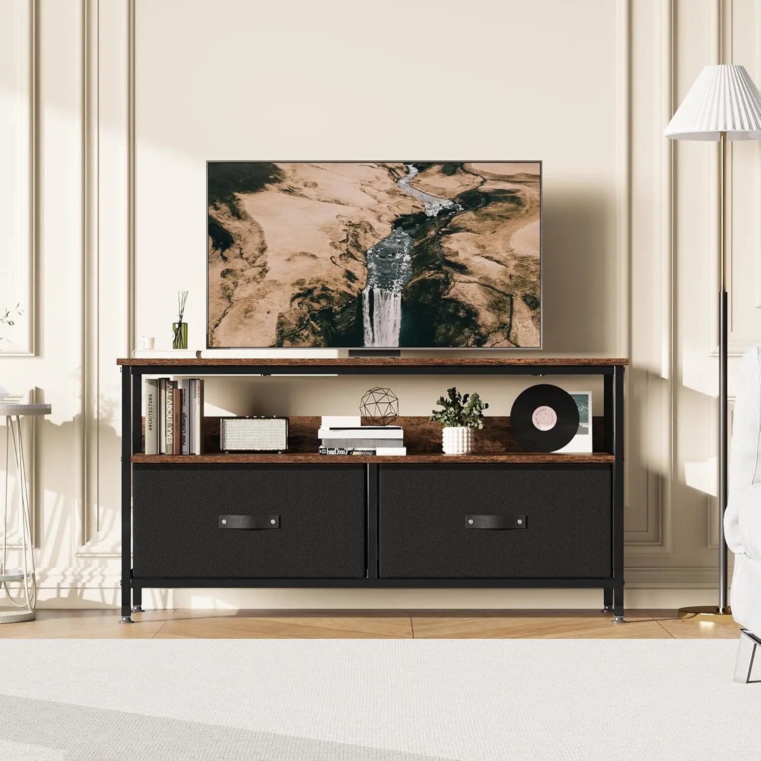 TV Console Stand Dresser with Storage Living Room 2-Drawer Entertainment Center with Open Shelf Fabric Drawer TV Cabinet