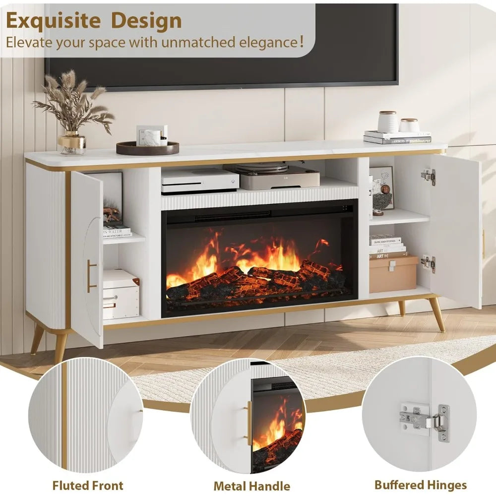 Modern Fluted Fireplace TV Stand for up to 80'' TVs with 30'' Electric Fireplace Luxury Media Console Adjustable Entertainment