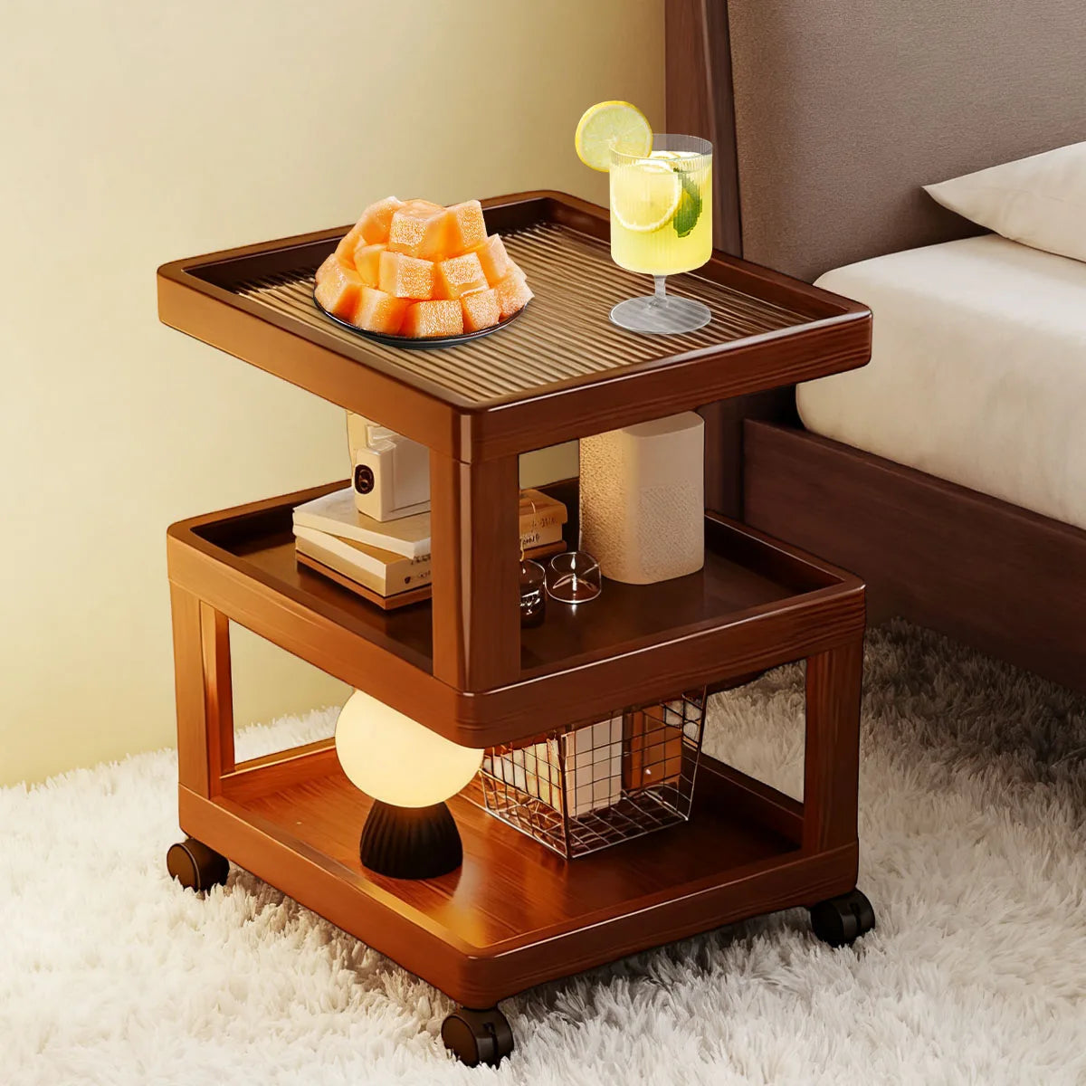 Geometric 3-Tier Bamboo Storage Side Table with Acrylic Surface & Wheels, Tea Brown Living Bedroom Furniture