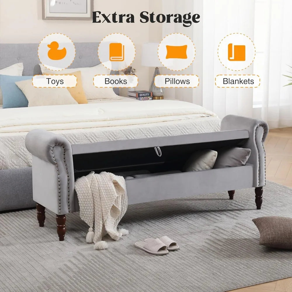 King Size Velvet Upholstered Storage Bench – End-of-Bed Bedroom Bench