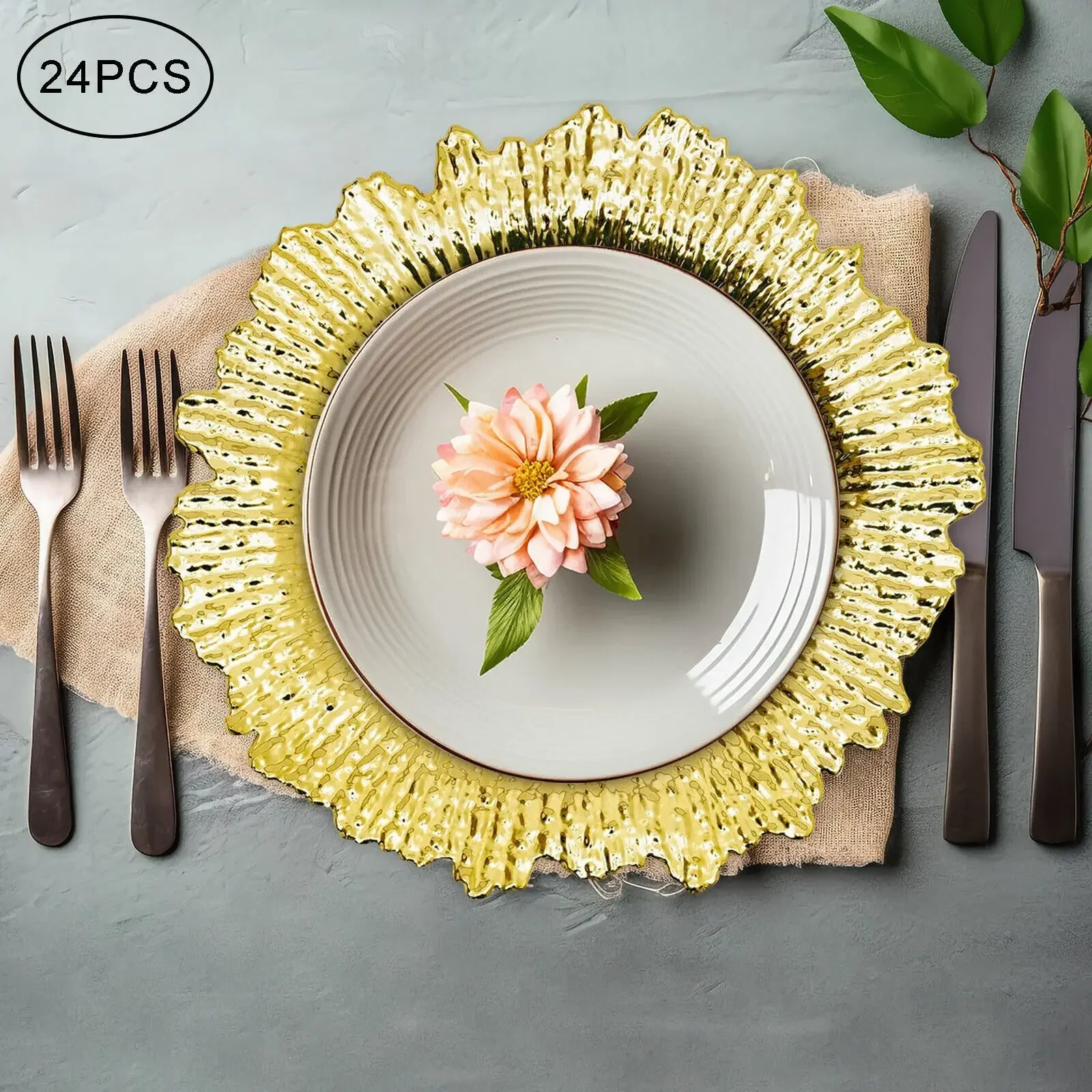 24PCS Gold Charger Plates – Round Reef Design Decorative Table Setting Plates