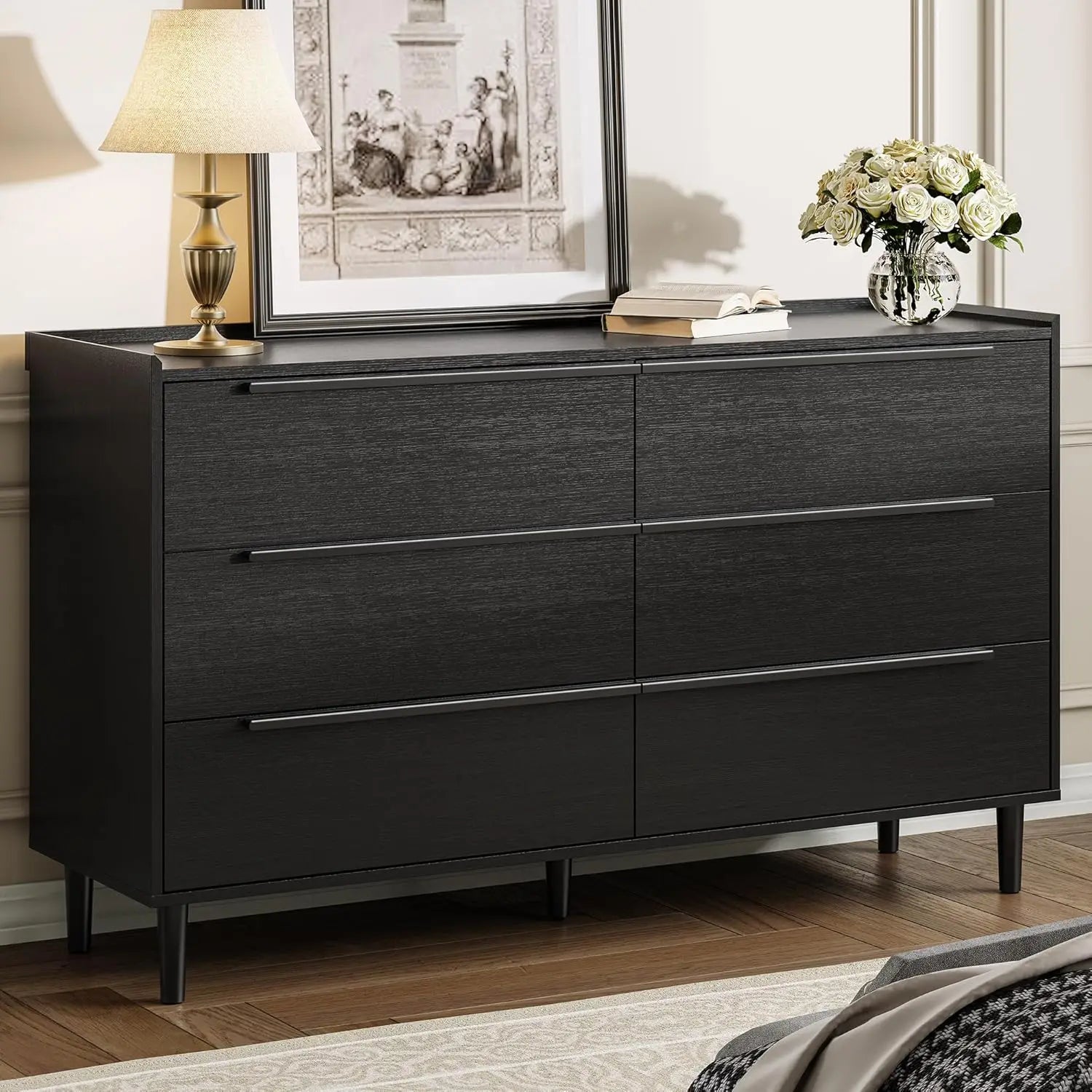 Modern Minimalist 60" Black Dresser for Bedroom, Large 6 Drawer Storage Cabinet with Sleek Metal Handles, Clothes Organizer